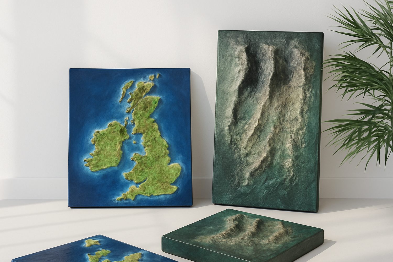 Three geographical-themed wall art pieces on a white surface with a plant in the background.